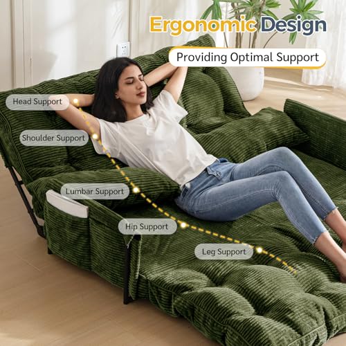 MAXYOYO Adjustable Floor Sofa Couch with 2 Pillows, Multi-Functional Bean Bag Bed, 5-Position Foldable Lazy Sofa Sleeper Bed with Armrest, Versatile Floor Seating for Reading, Dark Green, Double MAXYOYO