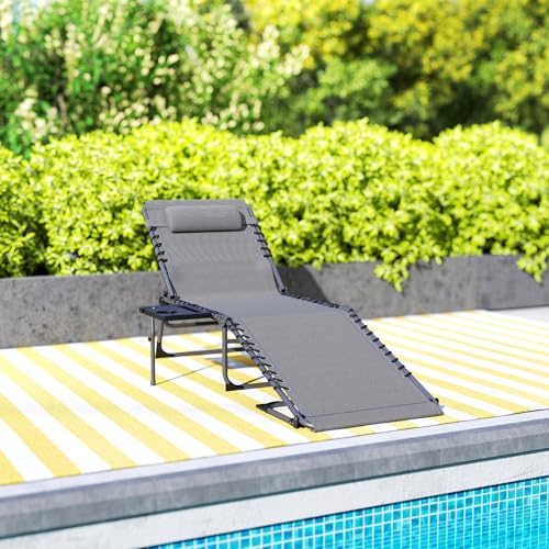 Outsunny Folding Chaise Lounge Chair Outdoor Tanning Chair with Side Table, 5-Level Adjustable Beach Lounge Chair with Headrest, Side Pocket for Patio, Backyard, Beach, Poolside, Gray