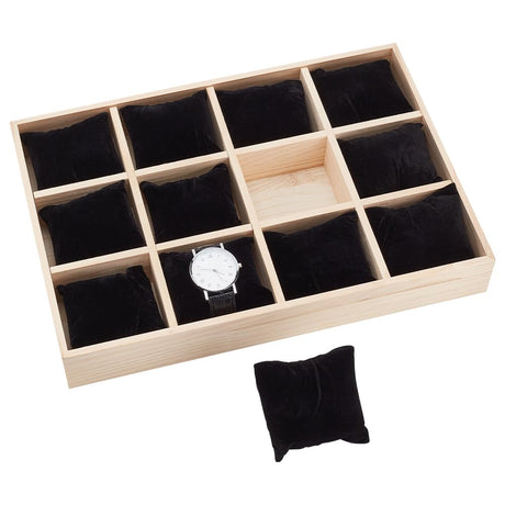 PH PandaHall 12 Slot Wooden Watch Organizer Tray Display Holder with Removable Velvet Pillows, Stackable Jewelry Bracelet Storage Tray for Drawer Showcase, Black PH PandaHall