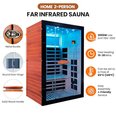 SAUNA Infrared Sauna 2 Person 2000W Low-EMF Wooden Home Spa Room Okoume Wood Indoor Dry Saunas with Intelligent Control Panel/Speaker/7-Colorful Starry Sky Light Two Person Sauna 47.3*41.3*74.8 IN HOSAUNA