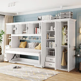 Ball & Cast Twin Size Murphy Bed with Wardrobe and 3 Top Cabinet,Wood Hideaway Wall Beds w/Desk & Storage Drawers,Dual-Piston Metal Folding System Cabinets,can be Folded,for Small Room,White Ball & Cast