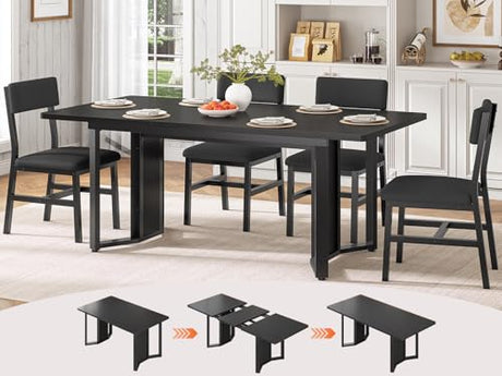 Itaar 5-Piece Dining Table Set for 4-6 People, 63" Extendable Kitchen Table and 4 Cushion Chairs, Dining Room Table with MDF Board & Metal Frame for Small Space, Easy Clean, Black Itaar