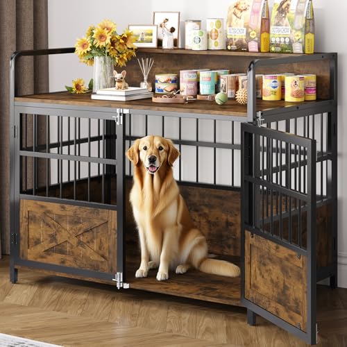 Halitaa 45.3" Dog Crate Furniture for Large Breed, Heavy Duty XL Dog Kennel Indoor with Storage Shelf, Farmhouse Wooden Pet Crate, Chew-Resistant, Brown (45.3" W x 23" D x 39.4" H) Halitaa