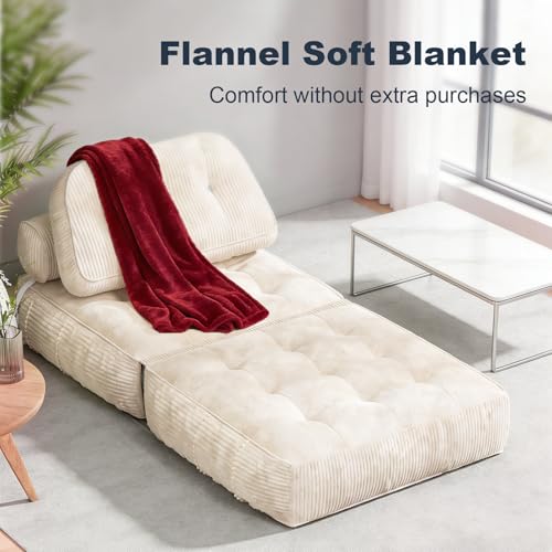 NESLAKO Folding Sofa Bed, Flannel Futon Couch Bed with Pillow and Blanket, Convertible Sleeper Chair for Living Room Bedroom, White NESLAKO