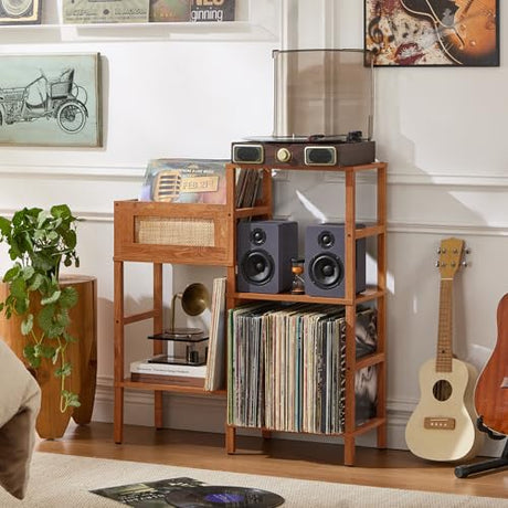 LELELINKY Record Player Stand, Brown Wood Record Holder with Vinyl Storage Holds up to 300+ Albums, 3-Tier Rattan Media Table with Vinyl Display Shelf, Record Storage Cabinet for Living Room LELELINKY