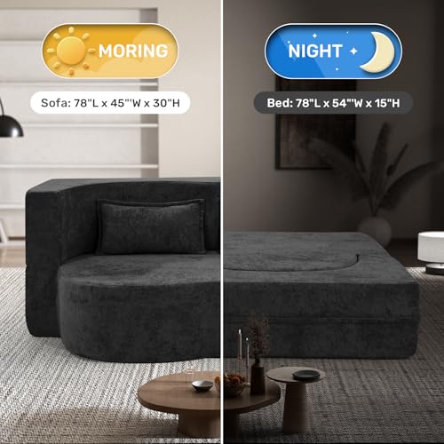 78" Convertible Sofa Bed with Pillows Queen Sleeper Sofa,Foam Folding Mattress Sleeper Modern Teddy Fabric Floor Cushion and Futon Chaise Lounge Sofa,For Apartments,Guest Rooms,Guest Use,Condo,Black Luxanimarion