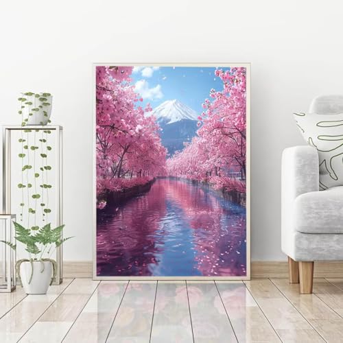 5D Diamond Painting Fuji Mountain Diamond Art Kits for Adults, Cherry Blossoms Diamond Art Kits, Square Drill Diamond Painting, DIY 5D Diamond Dots Gem Art Paintings, Home Wall Decor 20x28in a-I Peepezo