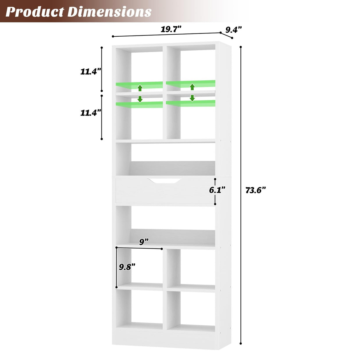 Armocity 8-Tier Book Shelf with Drawer, 73.6" Tall Bookcase and Bookshelf Modern Freestanding Open Display Shelves for Living Room Home Office, Bedroom, White Armocity