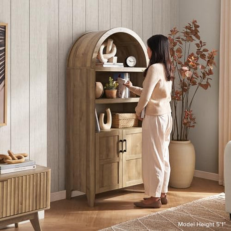 mopio Lauren 65.4" Short Arched Cabinet, 5-Tier Arched Bookcase with Doors and Shelves, Mini Arched Bookshelf with Storage, Kitchen Pantry Cabinet, Wooden Storage Cabinet for Living Room (Oak) mopio