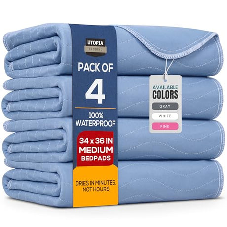 Utopia Bedding Washable Underpads 34" x 36" (Pack of 4), Waterproof Reusable Heavy Absorbency Incontinence Bed Pads for Adults, Kids, Elderly and Pets, Bedwetting Pads for Sofa and Couch (Blue) Utopia Bedding