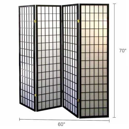 Artistic 70" Tall 4-Panel Screen - Japanese Room Divider in Black Finish with Premium Natural Wood | Transform Your Space! Zjjseloru