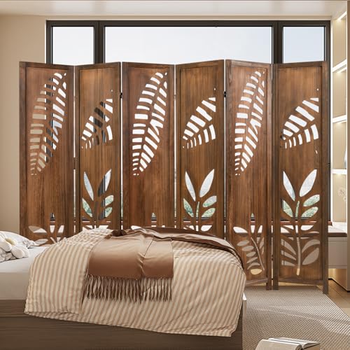 Giantex Boho Rustic Room Divider, 6 Panel Carved Leaf Folding Wood Screen, Fully Assembled, 67'' Freestanding Privacy Partition Decorative Wall, Foldable Room Separator for Bedroom, Brown Giantex