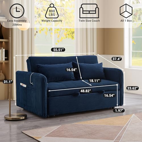 N NOORDENIYA 55.5" Corduroy Convertible Sofa Bed, Pull Out Sleeper Sofa Bed, Loveseat Couch with USB Charging Ports, 3 in 1 Convertible Sleeper Sofa Bed for Living Room, Apartment, Bedroom, RV, Blue N NOORDENIYA