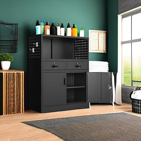 Yizosh Locking Cabinet with 2 Drawers, Metal Storage Cabinet with Locking Doors and Shelves - 41.3" Steel Lockable Storage Cabinet, Metal Cabinet for Home Office, Garage, School (Black) Yizosh