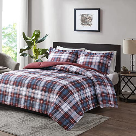Madison Park Essentials Parkston Plaid Comforter, Matching Sham, 3M Scotchguard Stain Release Cover, Hypoallergenic All Season Bedding-Set, Twin/ Twin XL, Red, 2 Piece Madison Park