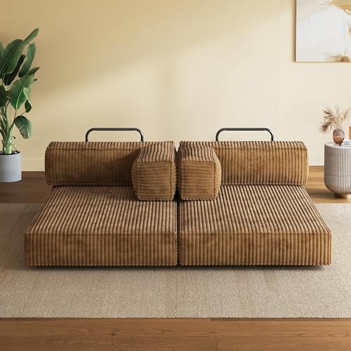 WLIVE 60'' Futon Sofa Bed, Convertible Sleeper Sofa, Folding Pull Out Couch Boneless Mattress with Fixed Frame, Corduroy, Brown WLIVE