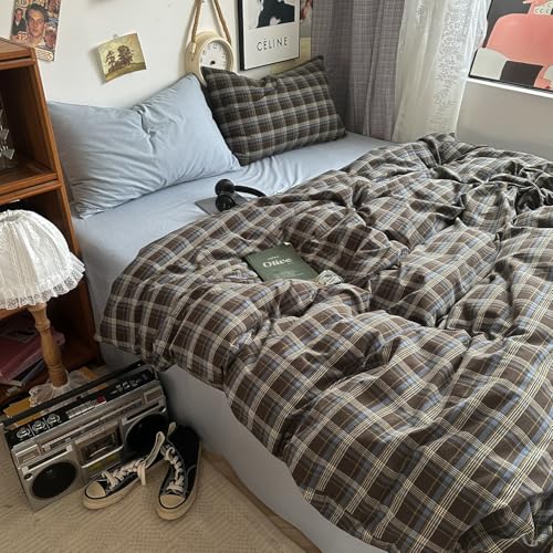 DONEUS Buffalo Plaid Duvet Cover Set 100% Washed Cotton Natural Linen Like Super Soft Comfy 3 Piece Brown Blue Gingham Checkered Bedding Set with Zipper Closure (Queen 90"x90", for All Seasons) DONEUS
