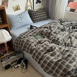 DONEUS Buffalo Plaid Duvet Cover Set 100% Washed Cotton Natural Linen Like Super Soft Comfy 3 Piece Brown Blue Gingham Checkered Bedding Set with Zipper Closure (Queen 90"x90", for All Seasons) DONEUS