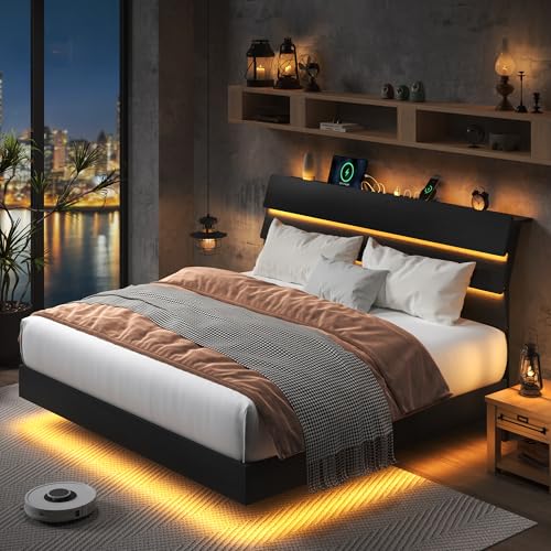 Feonase Floating Bed Frame King with Led Lights and Charging Station, Wood Full Size Bed Frame with Storage Headboard, Heavy Duty Metal Slats, No Box Spring Needed, Easy Assembly,Black Feonase