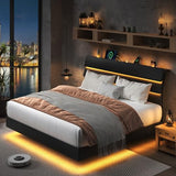 Feonase Floating Bed Frame King with Led Lights and Charging Station, Wood Full Size Bed Frame with Storage Headboard, Heavy Duty Metal Slats, No Box Spring Needed, Easy Assembly,Black Feonase