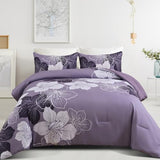 Menghomeus Queen Comforter Set Dark Purple Floral Bedding Comforter Sets - Soft Microfiber Bed Comforter Set for All Season, 3 Piece Botanical Flowers Comforter, Pillowcases Menghomeus