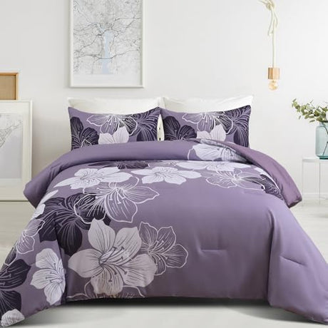 Menghomeus Queen Comforter Set Dark Purple Floral Bedding Comforter Sets - Soft Microfiber Bed Comforter Set for All Season, 3 Piece Botanical Flowers Comforter, Pillowcases Menghomeus