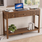 47 Inch Fluted Console Table with Outlets and USB-C Port, Mid Century Modern Sofa Table with 3 Drawers and Open Shelf, Entryway Table with Charging Station for Behind Couch, Hallway, Foyer, Walnut Decofy