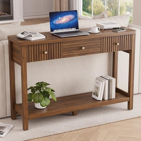 47 Inch Fluted Console Table with Outlets and USB-C Port, Mid Century Modern Sofa Table with 3 Drawers and Open Shelf, Entryway Table with Charging Station for Behind Couch, Hallway, Foyer, Walnut Decofy