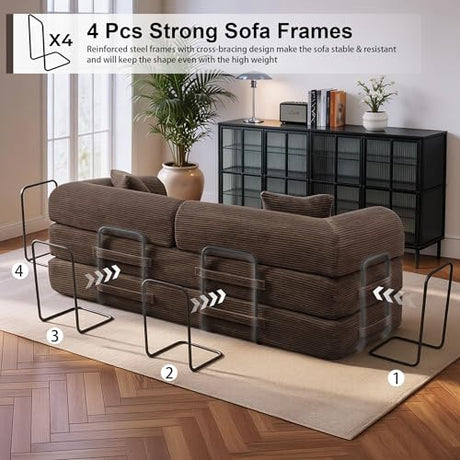 JJJ 63 inch Sofa Bed 4-in-1 Boneless Convertible Corduroy Sleeper Folding Couch with Fixed-Shape Frame and 2 Futons No Assemble Required 3 Seater Upholstered for Living Room (Brown, 63 inch) JJJ