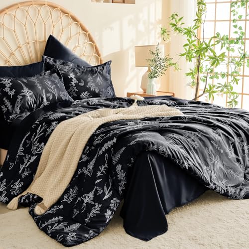 MUXHOMO Black Bed in a Bag Queen 7 Pieces, Queen Comforter Set Reversible Botanical Flowers Design, Ultra Soft & Breathable Bedding Sets with Comforter, Sheets, Pillowcases & Shams MUXHOMO