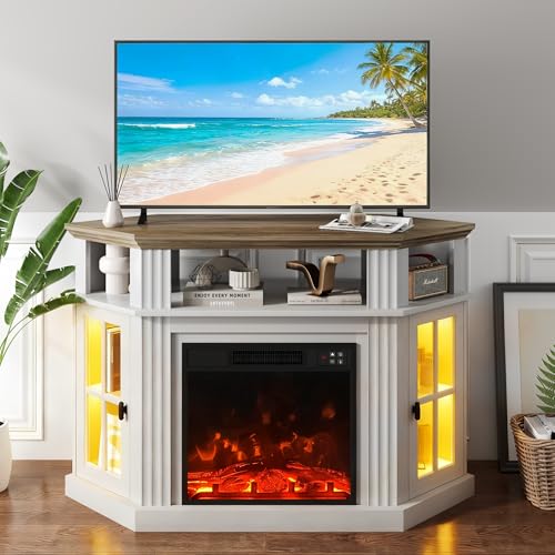 YESHOMY LED Corner Fireplace TV Stand with Mood Lighting, for TVs up to 55" with Storage Cabinets, Entertainment Center, Media Console for Living Room, Bedroom, White＆Rustic YESHOMY