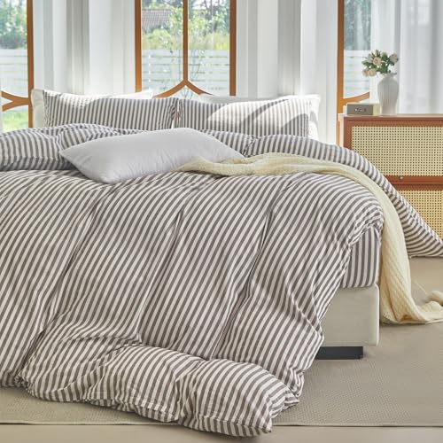 XINMIANFANG Striped Duvet Cover Set Full Size 3 Pcs 100% Washed Cotton Linen Like Textured Natural Wrinkle Comfy Breathable (Full, Classic Stripe-Mauve Brown/White) XINMIANFANG