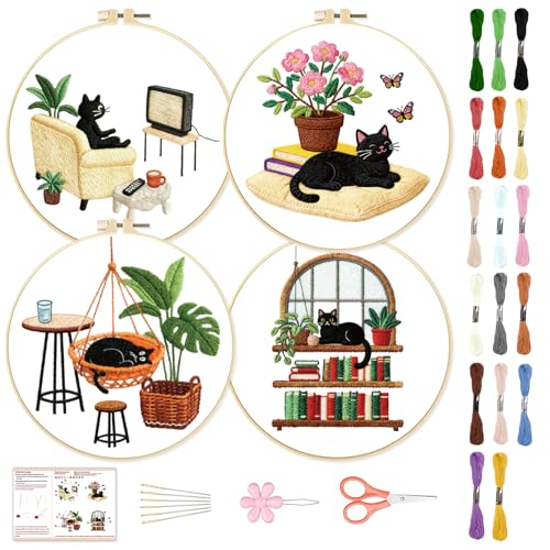 BEUNITONE 4 Set Embroidery Kit for Beginners, Daily Life of Cats Patterns Cross Stitch Kits, Needlepoint Kits for Adults with Hoop, Cute Hand Embroidery Patterns for Cloth and Home Decor
