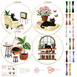 BEUNITONE 4 Set Embroidery Kit for Beginners, Daily Life of Cats Patterns Cross Stitch Kits, Needlepoint Kits for Adults with Hoop, Cute Hand Embroidery Patterns for Cloth and Home Decor
