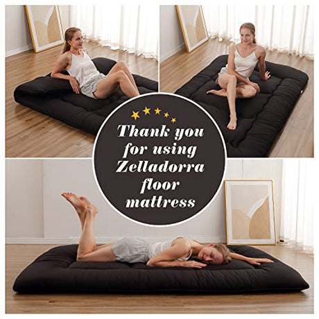 Zelladorra Japanese Floor Mattress, Futon Mattress with Portable Storage Bag and Washable Cover, Roll Up Thick Tatami Mat Suitable for Camping, Guest Room, Black, Twin Zelladorra