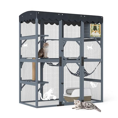 COZIWOW 72Inches Large Wood Catio Outdoor Cat Enclosure with Waterproof Roof, Multi-Level Cat House for 2-3 Cats, Spacious Perches, Hammock, and Scratching Post（Grey Fashion Pattern） COZIWOW