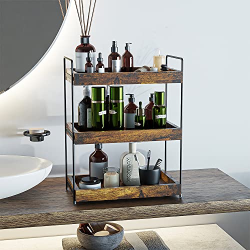 SANRETAHO Rustic Brown 3-Tier Wooden Bathroom and Kitchen Organiser Shelf SANRETAHO