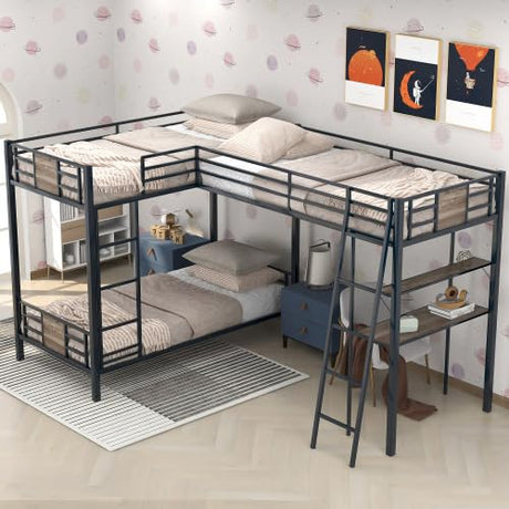 L-Shaped Metal Triple Bed with Desk and Shelf, Twin Over Twin Bunk Bed Frame with Loft Bed and 2 Ladders (Black+Brown) Bellemave
