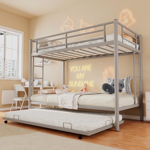 Merax Metal Bunk Bed Twin Over Twin Triple Bunk Bed with Twin Size Trundle, Grey Silver 642 Merax
