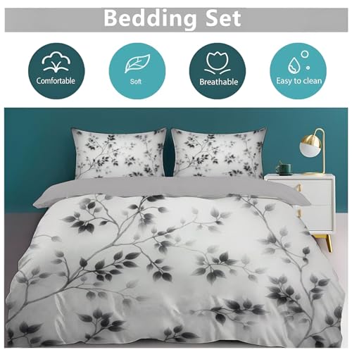 WIVCOMD Twin Duvet Cover Set - Leaves and Vines Soft Microfibre Bedding - Minimalist Ink Painting Bedding Quilt Cover Set with Pillow Cases, Black WIVCOMD
