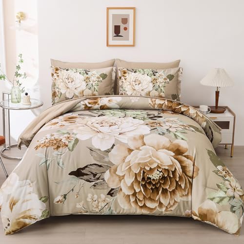 Dintszyayue Khaki Floral Comforter Set King Size 7 Pieces Bed in a Bag Elegant Flower Bedding Set for All Season with Flat Sheet, Fitted Sheet, Pillowcases & Shams Dintszyayue