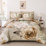 Dintszyayue Khaki Floral Comforter Set King Size 7 Pieces Bed in a Bag Elegant Flower Bedding Set for All Season with Flat Sheet, Fitted Sheet, Pillowcases & Shams Dintszyayue