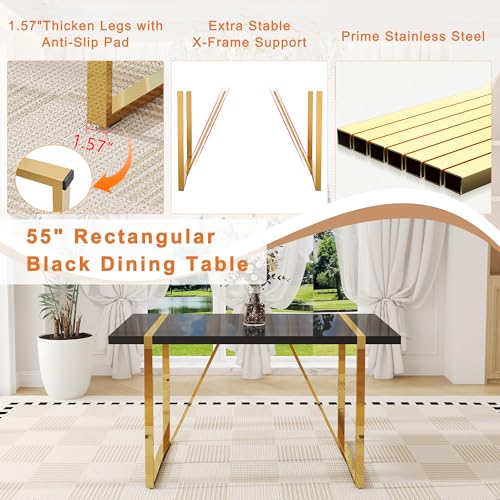55" Dining Table Set for 4, Black Dining Table Set for 4, 1.5" Black Glossy Wood Tabletop with Golden Metal Legs, Modern Dinner Table Set with 4 Faux Leather Chairs for Kitchen,Apartment,Small Space Iopirbu