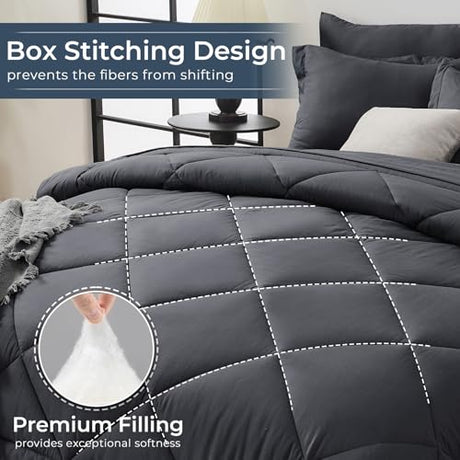 HEVUMYI Full Comforter Set - 7-Piece All Season Bed in a Bag Full, Ultra Soft Bedding Set with Comforter, Flat Sheet, Fitted Sheet, Pillowcases, Pillow Shams, Dark Grey HEVUMYI