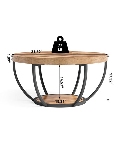 LITTLE TREE Round Coffee Table, 32" Circle Coffee Table for Living Room, 2-Tier Wood Accent Center Table with Open Storage Industrial Design Home Furniture (Wood Grain and Black) - WoodArtSupply