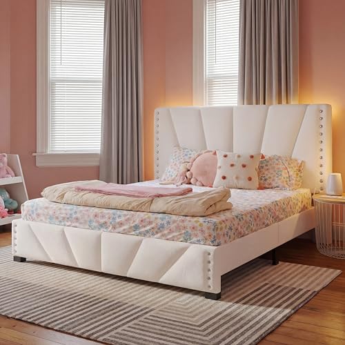 EnHomee Full Size Bed Frame, Velvet Bed Frame with Headboard and Led Light, Platform Bed Frame for Bedroom Apartment, Dorm, Noise-Free, Easy Assembly, Beige EnHomee