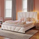 EnHomee Full Size Bed Frame, Velvet Bed Frame with Headboard and Led Light, Platform Bed Frame for Bedroom Apartment, Dorm, Noise-Free, Easy Assembly, Beige EnHomee