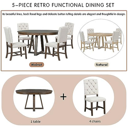 Merax 5-Piece Extendable Round Dining Table Set with a 16" W Leaf & 4 Upholstered Chairs, Retro Style Kitchen Dining Table for Dining Room, Kitchen Furniture Set for Family (Walnut)