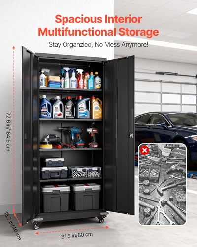 VEVOR Metal Storage Cabinet, 72.6 in Rolling Steel Garage Cabinet with 4 Adjustable Shelves, 2 Magnetic Doors & 2 Keys, 5 Tiers Lockable Tool Storage for Pantry, Warehouse, Basement, Office, Black VEVOR