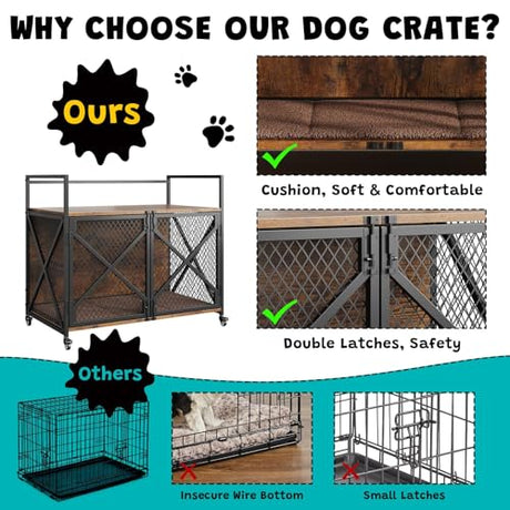 41'' Heavy Duty Dog Crate Furniture with Lockable Wheels, Decorative Wooden Dog Cage End Table, Double Door Indoor Pet Kennel with Cushion for Small, Medium & Large Dogs Up to 100 Lbs GAOMON